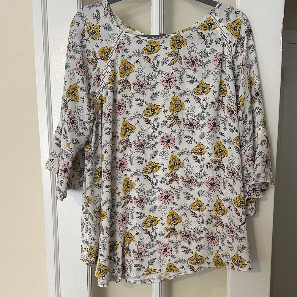 LOFT White Floral Scoop Neck Blouse with Yellow & Pink Flowers